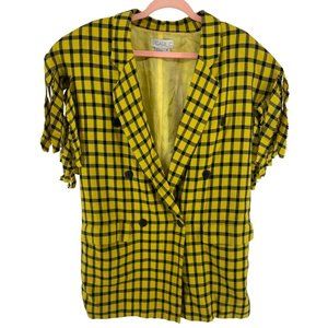 Pearl C Women's Size 6 Yellow & Black Checked Fringe Sleeve Blazer